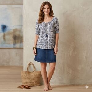 C by One, Blue & White Patterned Women's Top, 100% Rayon